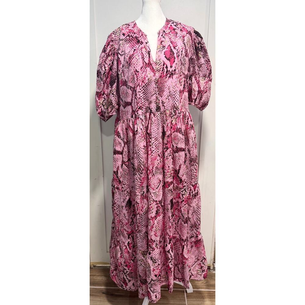 JUDE CONNALLY Jordana Tiered Swing Maxi Dress Gilded Snakeskin Size L